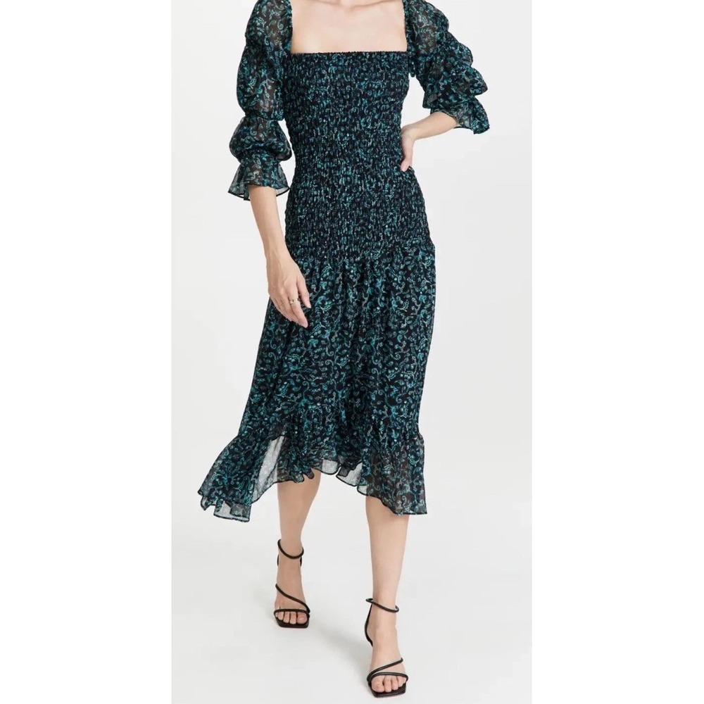 MISA Los Angeles Rashida Blue Floral Smocked Midi Dress Lurex XS Romantic Boho